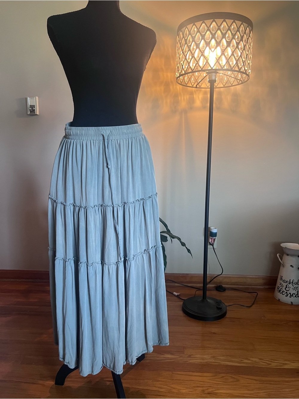Women's Light Green Tiered Maxi Skirt - Casual Elastic Waist